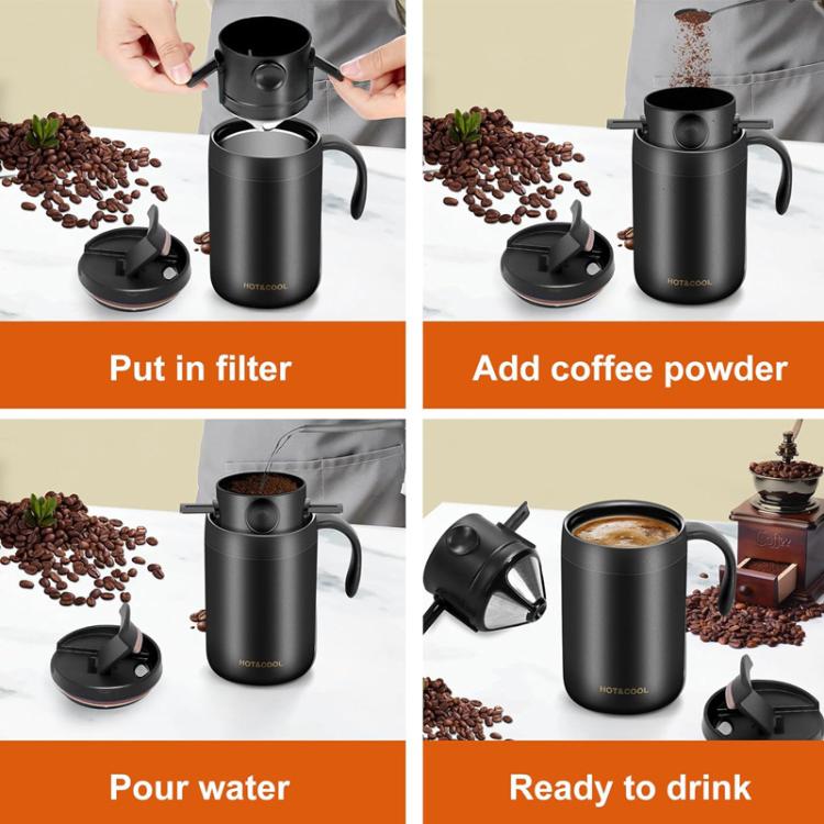 Portable outdoor coffee maker cup set, black stainless steel thermos with filter lid and drip tray