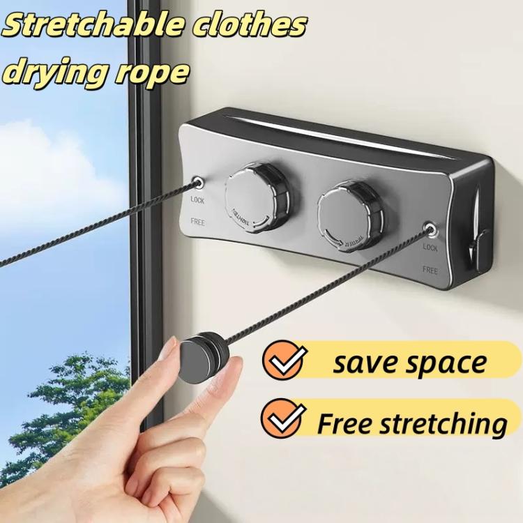 Gray retractable wire clothesline drying rack with dual stretch ropes and knobs