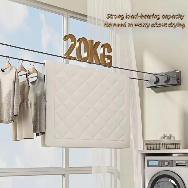 Gray retractable wire clothesline drying rack wall mount with hanging laundry
