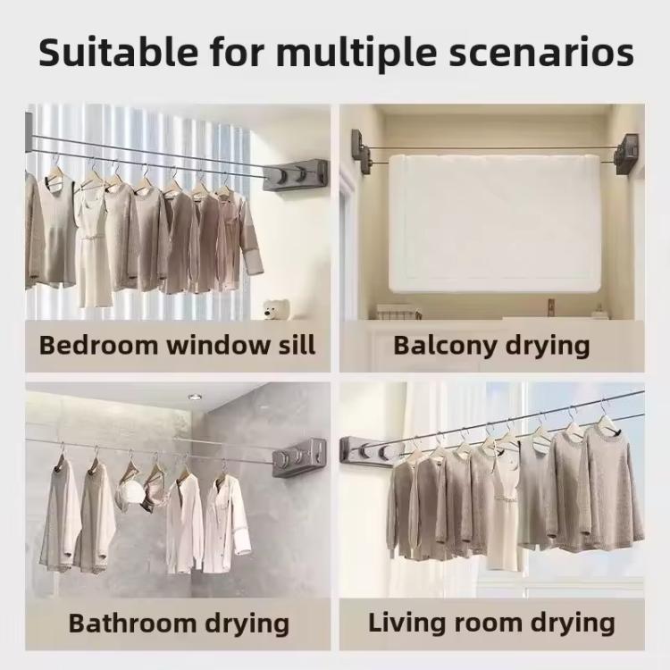 Retractable indoor wire clothesline with clips and hanging garments