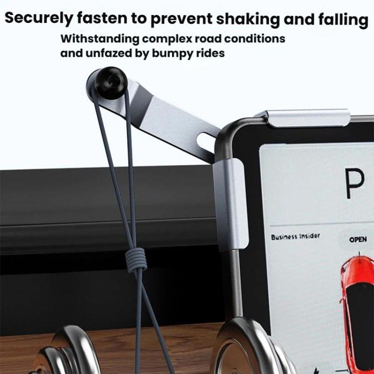 Dashboard-mounted car phone holder base with clamp arms and cord tie-downs