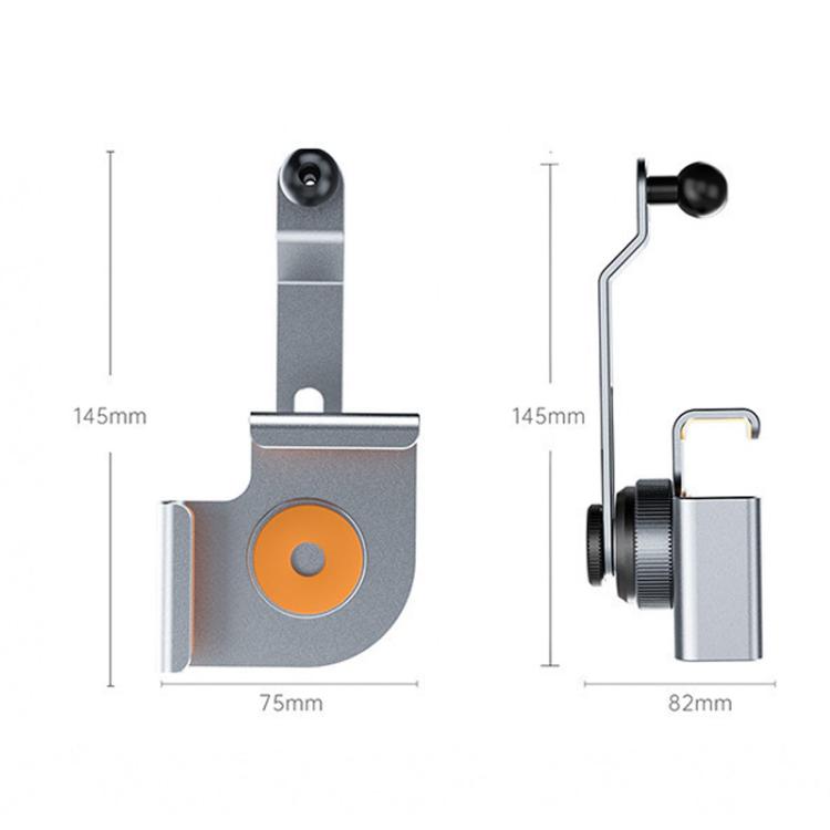 Car phone holder base with orange magnetic pad and side clamp, with size guide