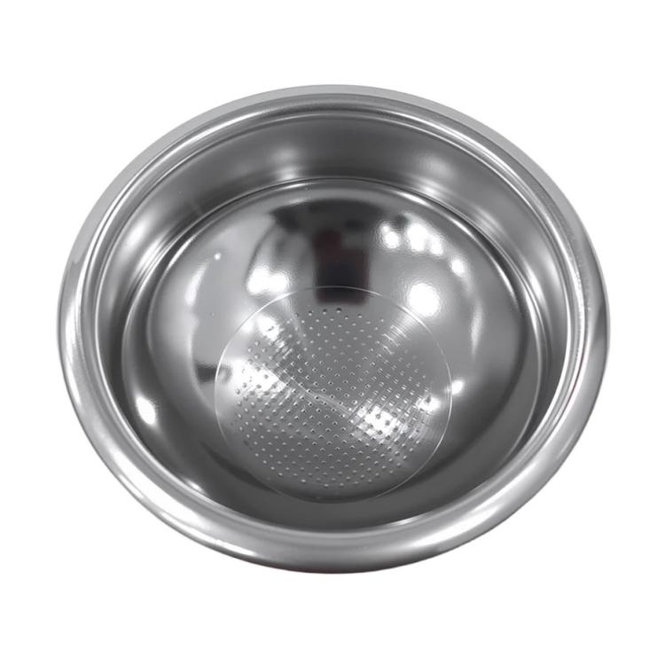 Stainless steel concave portafilter basket with fine perforations on the spherical base