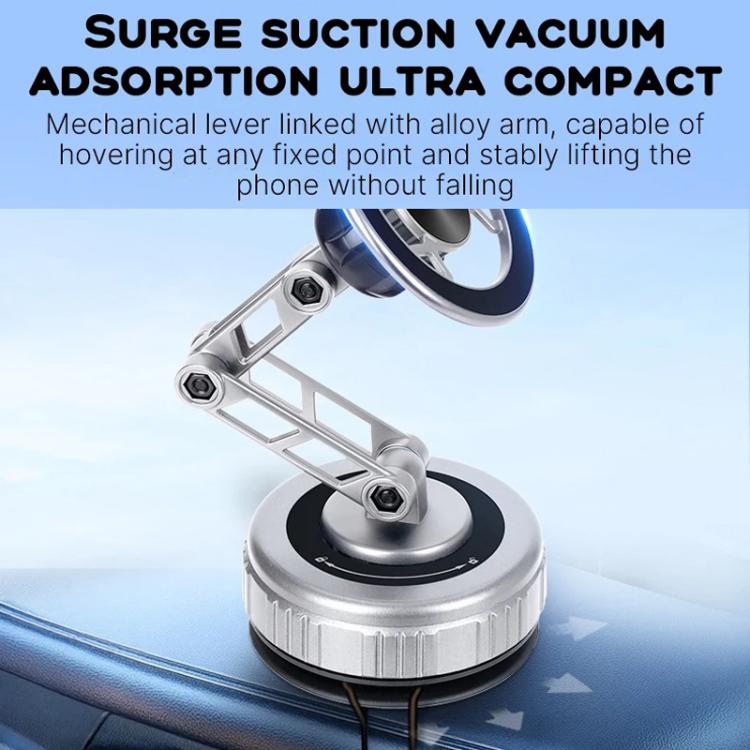 Car suction phone holder with mechanical lever arm and round base on dashboard
