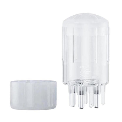 Clear scalp medicine applicator bottle with gray prongs and white cap