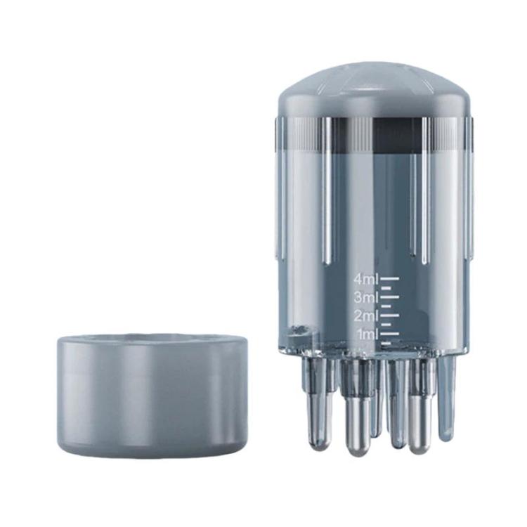 Gray scalp medicine applicator bottle with clear prongs and measurement scale