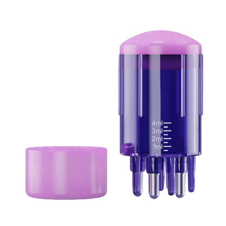 Purple scalp medicine applicator bottle with clear prongs and measurement markings