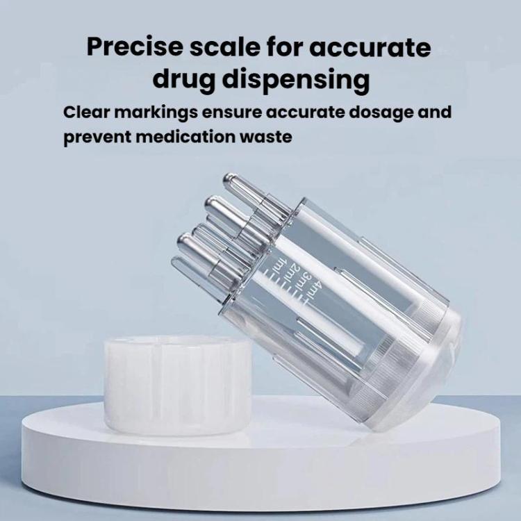 Clear dispensing bottle with prongs and white cap, shown on a small base