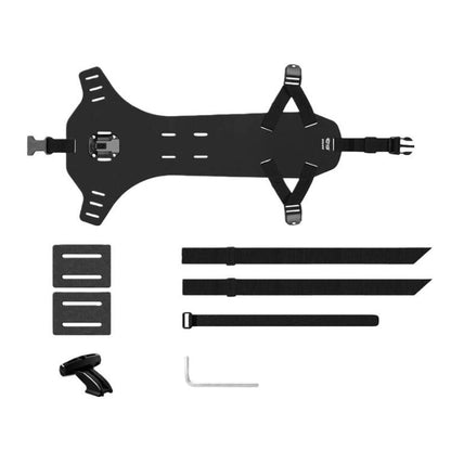 Bike saddle bag quick-release mount bracket in black with two adjustable straps