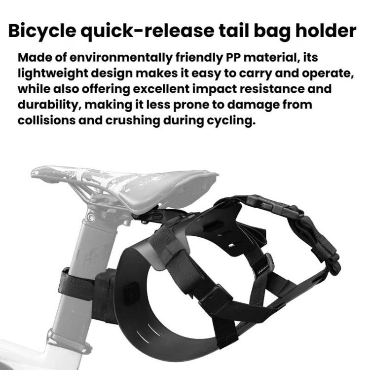 Bike quick-release tail bag holder with black mounting straps attached behind the saddle