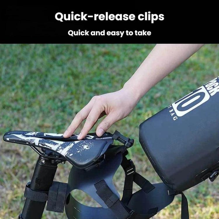 Bike quick-release clips with a hand lifting a black saddle tail bag
