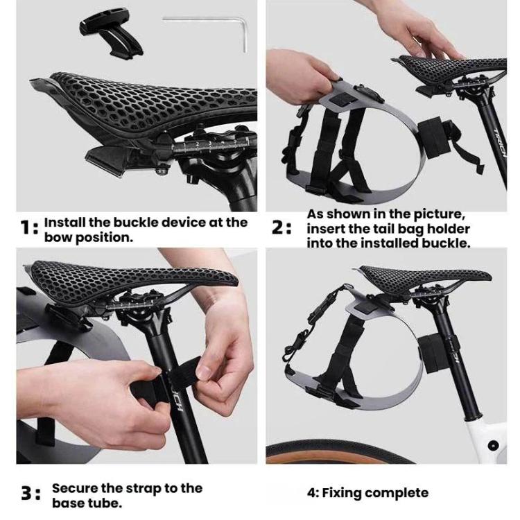 Bike saddle bag holder installation steps with hands attaching the buckle and straps