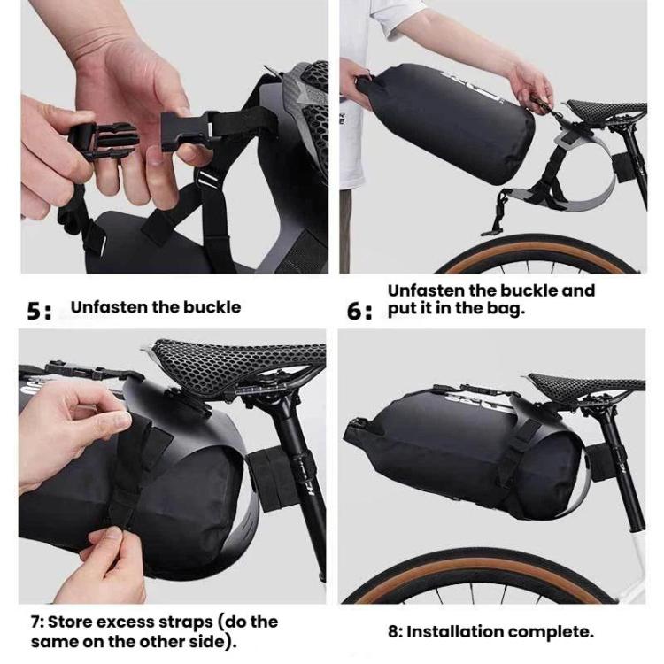 Bike saddle bag holder unfastening and bag removal shown with quick-release clips
