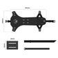 Bike saddle bag mount bracket dimensions in black, with strap and base plate parts