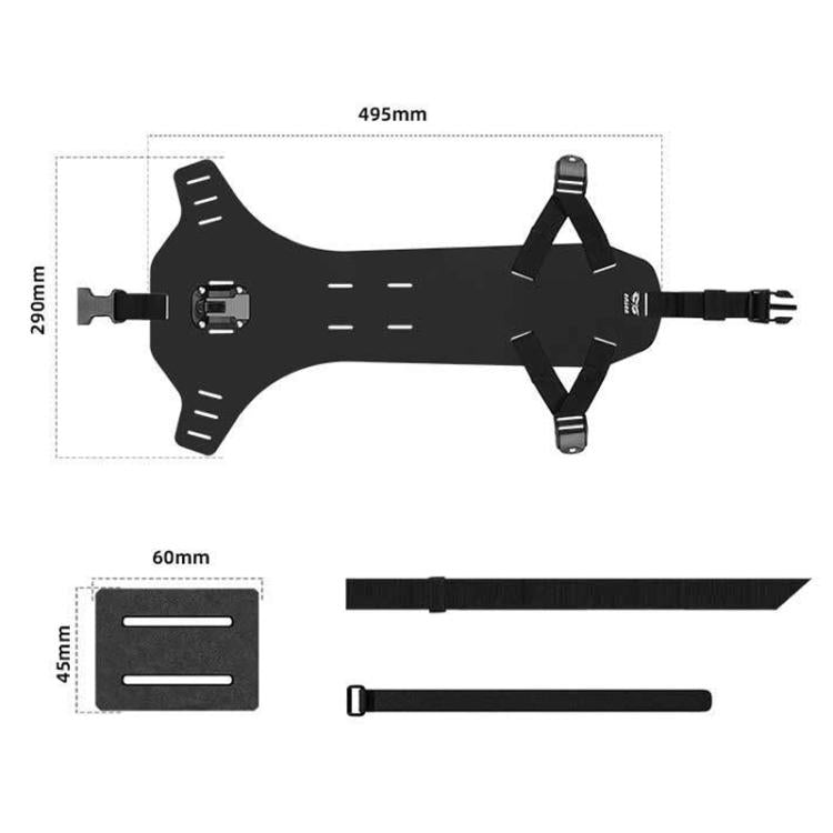 Bike saddle bag mount bracket dimensions in black, with strap and base plate parts
