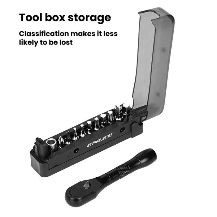 Bicycle ratchet wrench set with open tool box tray holding socket bits and ratchet