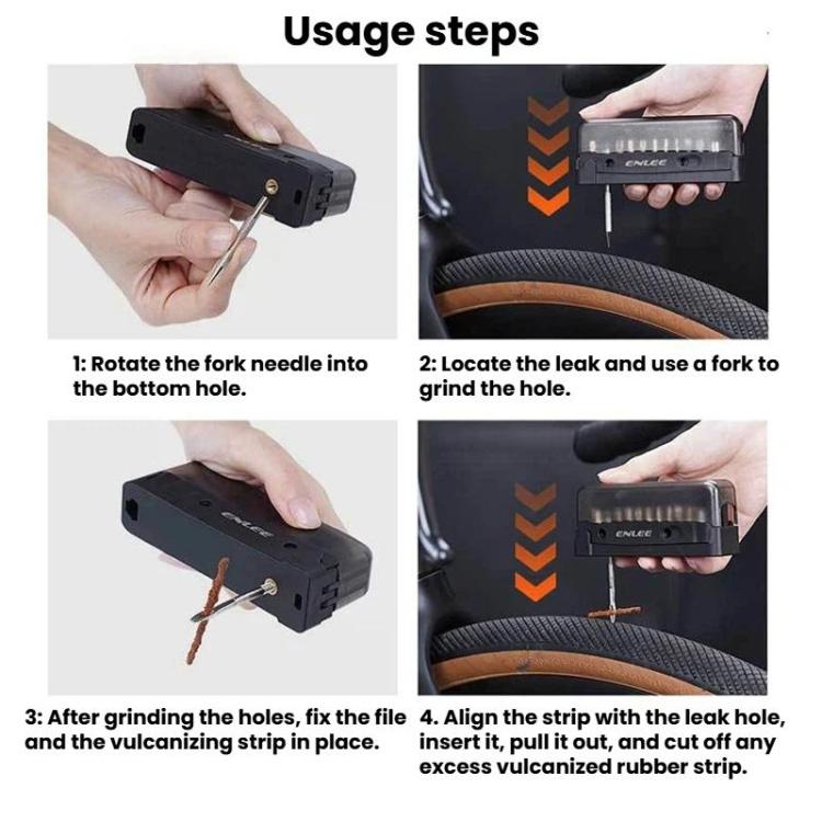 Bicycle tire repair tool kit with fork needle and vulcanized rubber strips