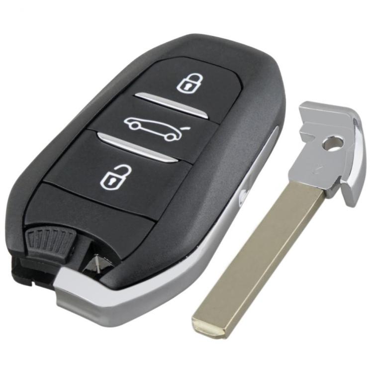 Black Peugeot car key remote with three button icons and metal key blade attached