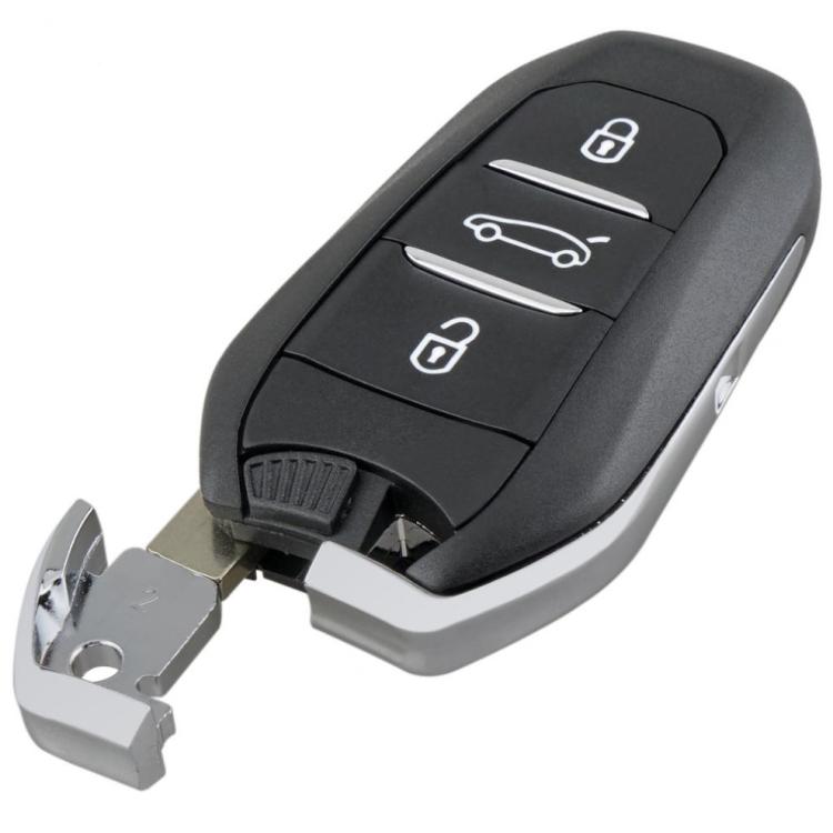 Black key remote with lock, car, and unlock icons and silver key blade