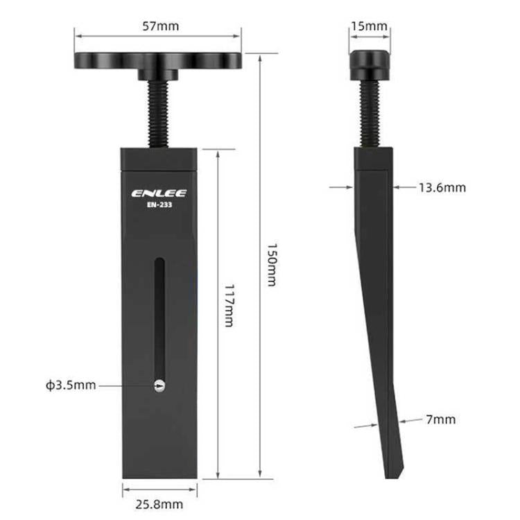 Bike brake caliper piston reset tool size diagram, black body and threaded rod