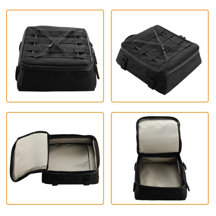 Black waterproof motorcycle top bag shown closed and open with molded interior