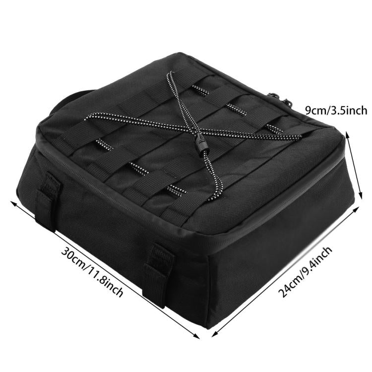 Black waterproof motorcycle trunk bag with bungee lacing and front buckle tabs