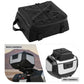 Black waterproof top bag mounted on motorcycle luggage rack with bungee cords