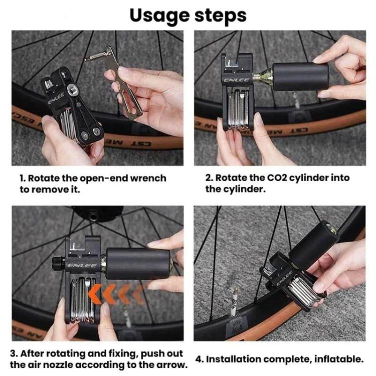 ENLEE bike multi-tool attached to a tire valve for CO2 inflation