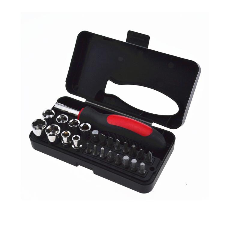 25-piece screwdriver bit & socket set, black case with metal bits and red handle