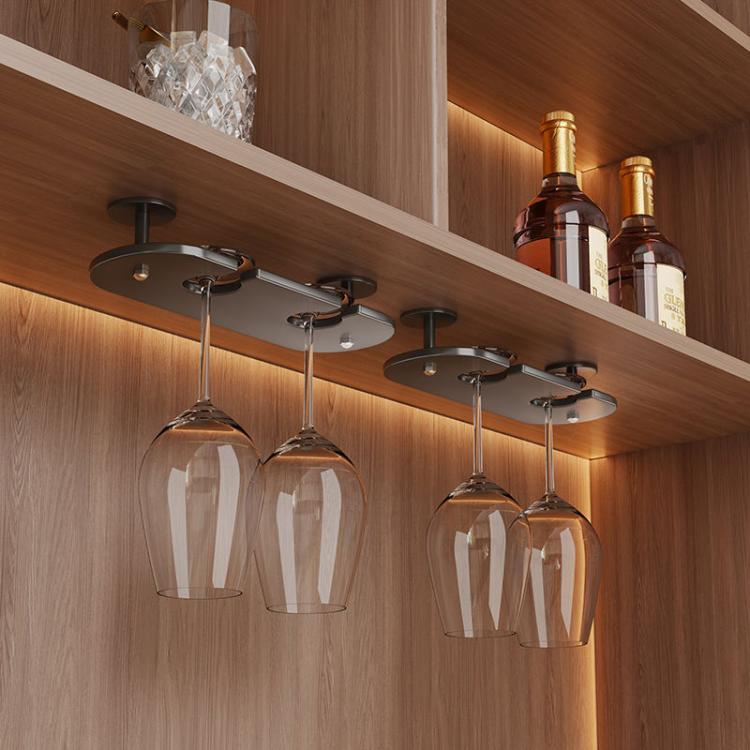 Under-cabinet wine glass holder rack with multiple hanging clear stemware glasses