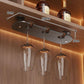 Under-cabinet wine glass holder with clear hanging glasses and measurement labels