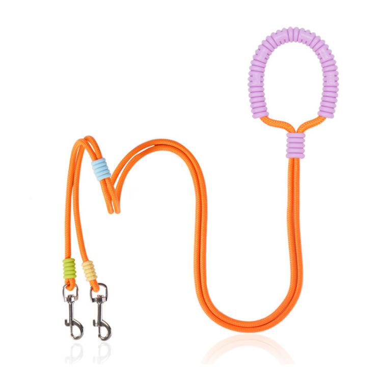 Orange double-dog traction leash with silicone handle loop and two metal snap clips