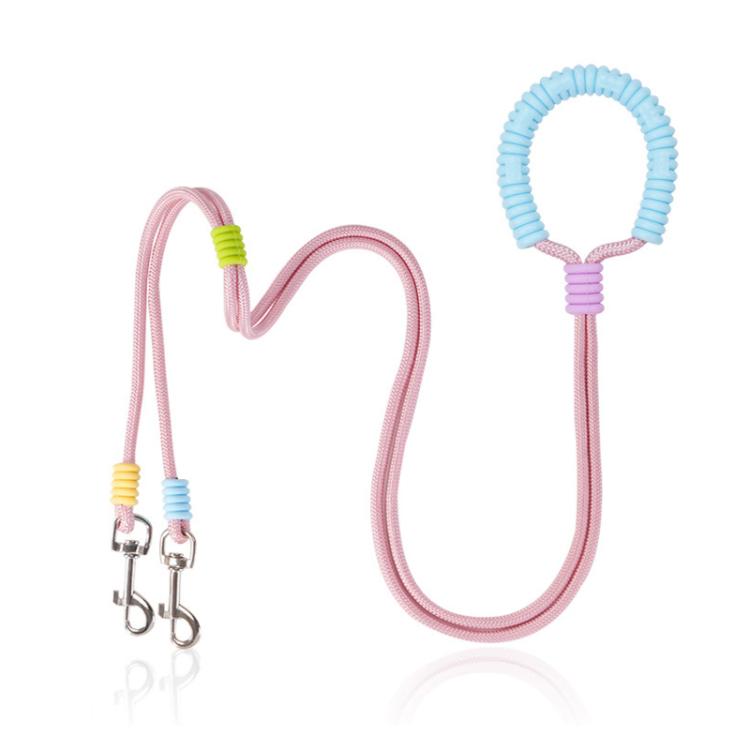 Pink double-dog traction leash with silicone handle loop and two metal snap clips