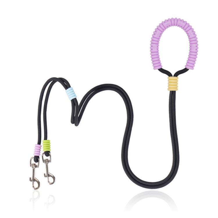 Black double-dog traction leash with purple silicone handle loop and two metal snap clips