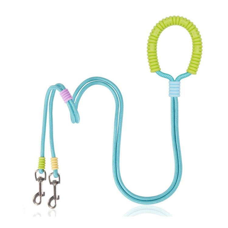 Light blue double-dog traction leash with green silicone handle loop and two metal snap clips