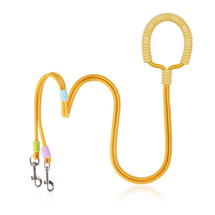 Yellow-orange double-dog traction leash with silicone handle loop and two metal snap clips