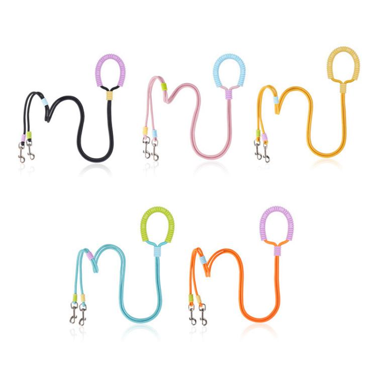 Multi-color double-dog traction leashes with silicone handle loops and metal snap clips