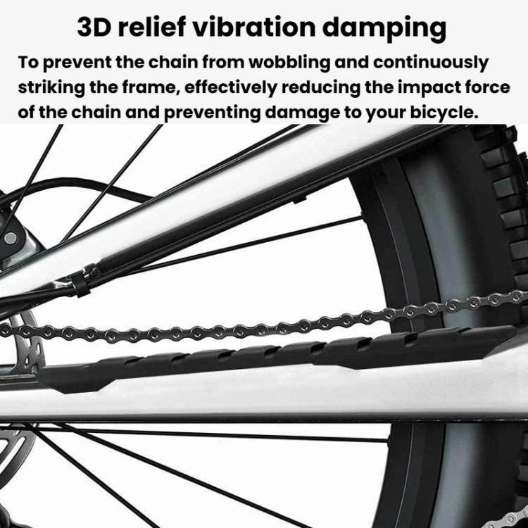 Black anti-scratch protective strip with raised relief on bicycle frame near chain