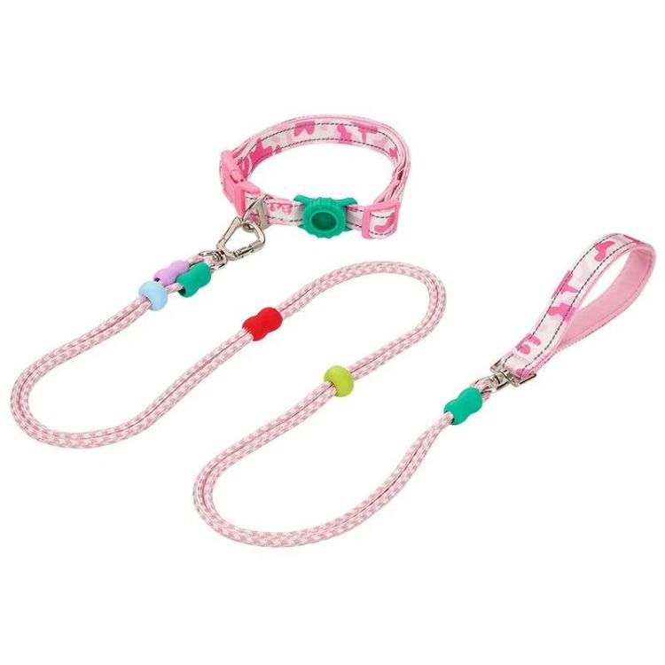 Pink double-section P-shaped pet leash and collar set with two leads and metal clips