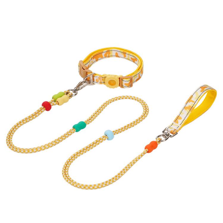 Yellow double-section P-shaped pet leash and collar set with two leads and metal clips