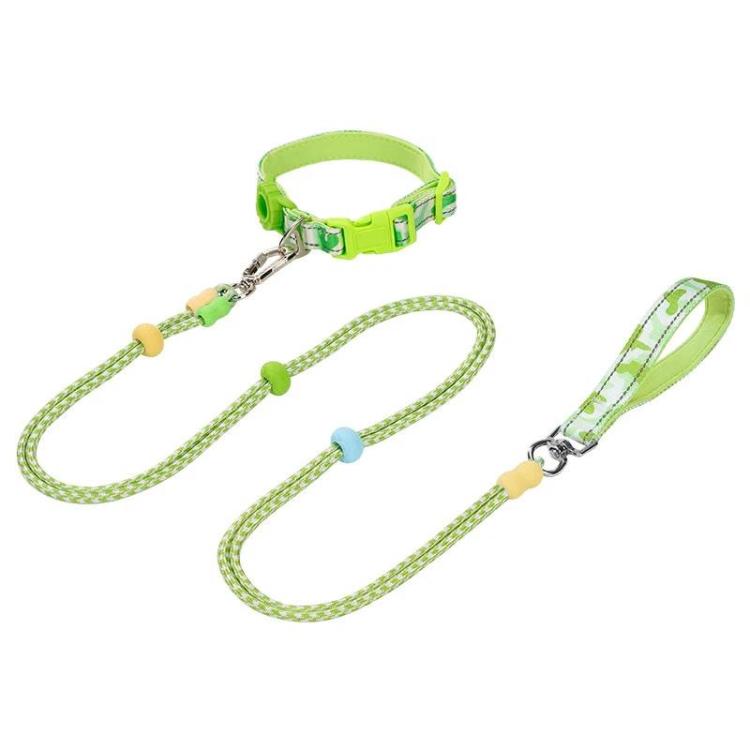 Green double-section P-shaped pet leash and collar set with two leads and metal clips