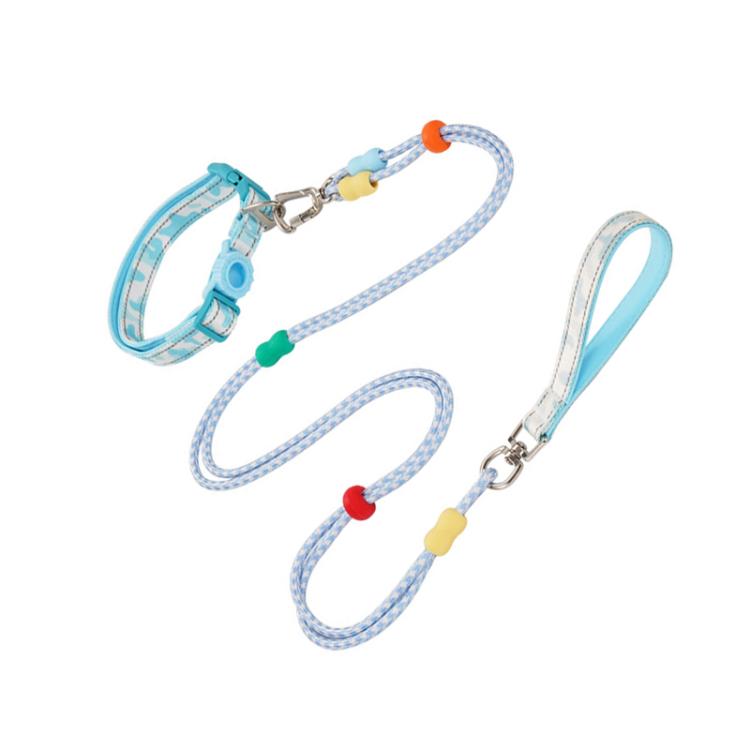 Light blue P-shaped dual-leash pet collar with two braided straps and metal attachment clips