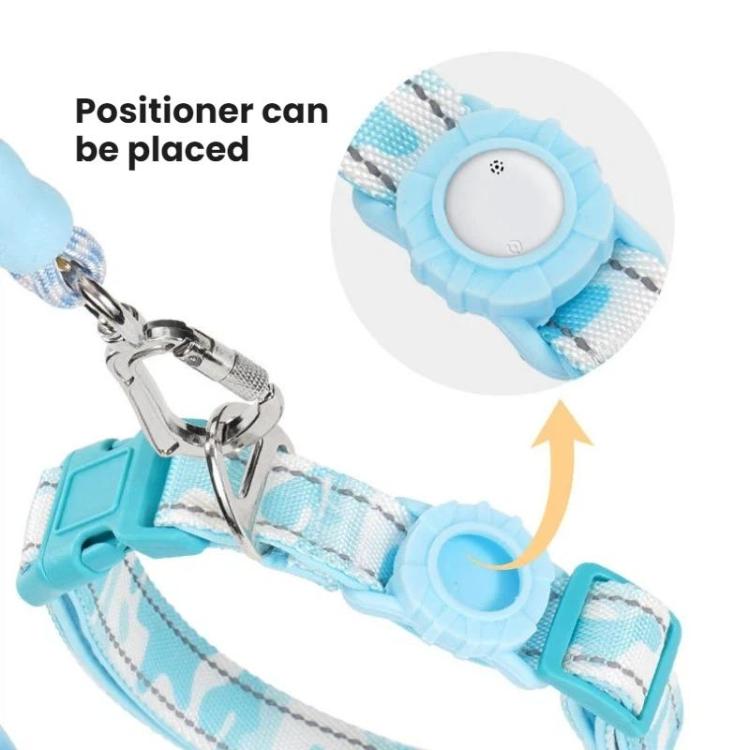 Blue pet collar and double-section leash with positioner clips on the front strap