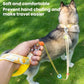 Yellow pet collar and double leash with metal connector, held in hand