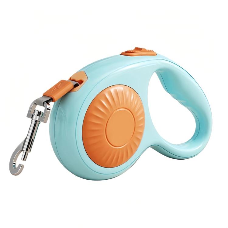 Automatic retractable dog leash, light blue case with orange button and metal safety hook