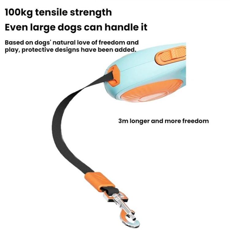 Automatic retractable dog leash with extended black webbing and orange metal hook