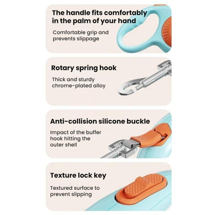 Automatic retractable dog leash close-up with orange buckle and chrome metal hook