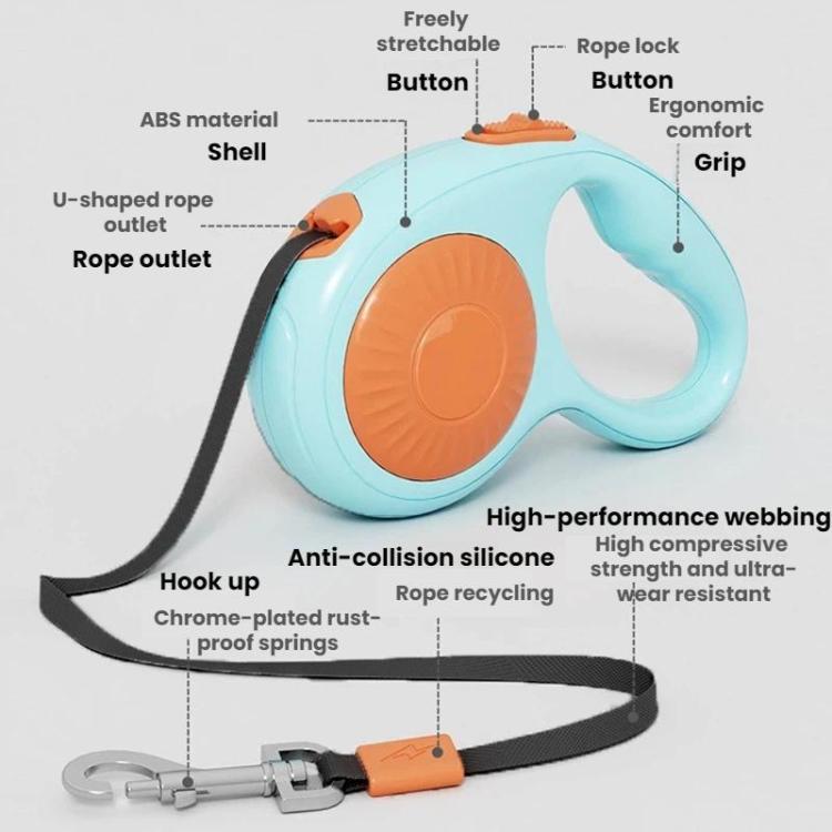 Light blue retractable dog leash with orange button and black webbing, chrome hook