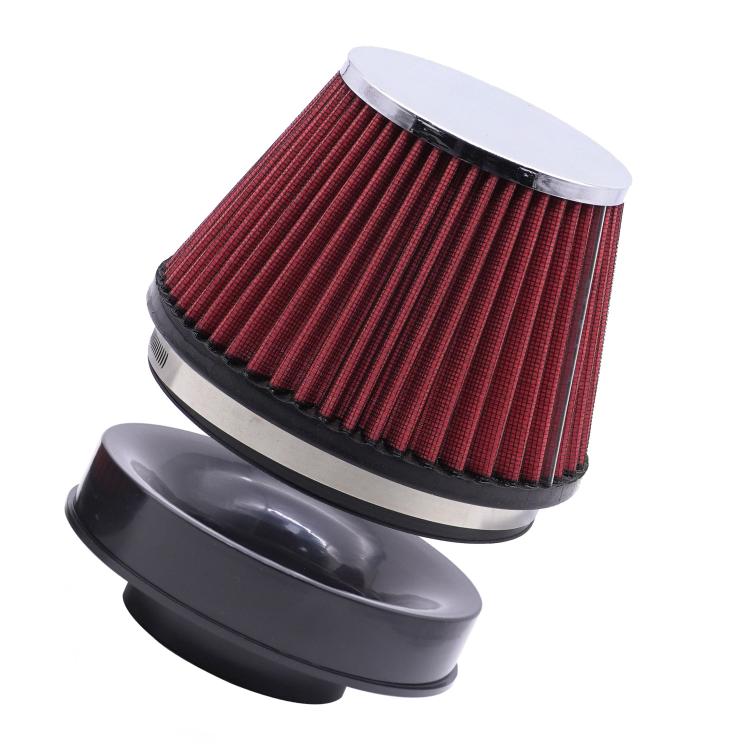 Black intake reducer adapter with red cone air filter and silver top rim
