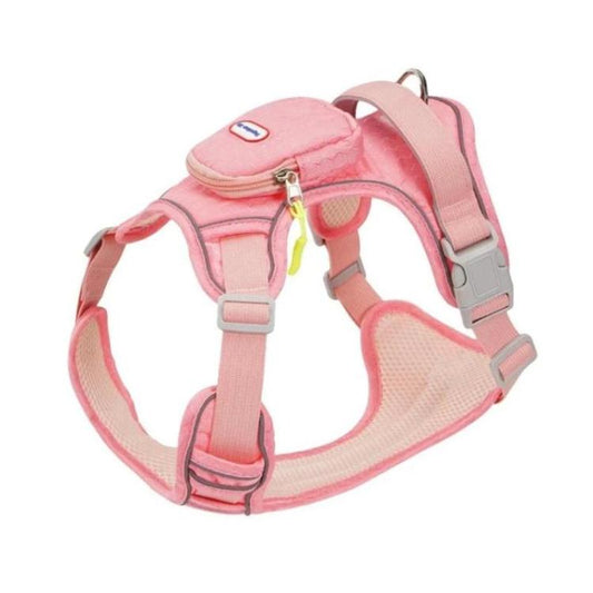 Pet anti-escape harness vest with backpack pouch, pink, padded straps and buckles